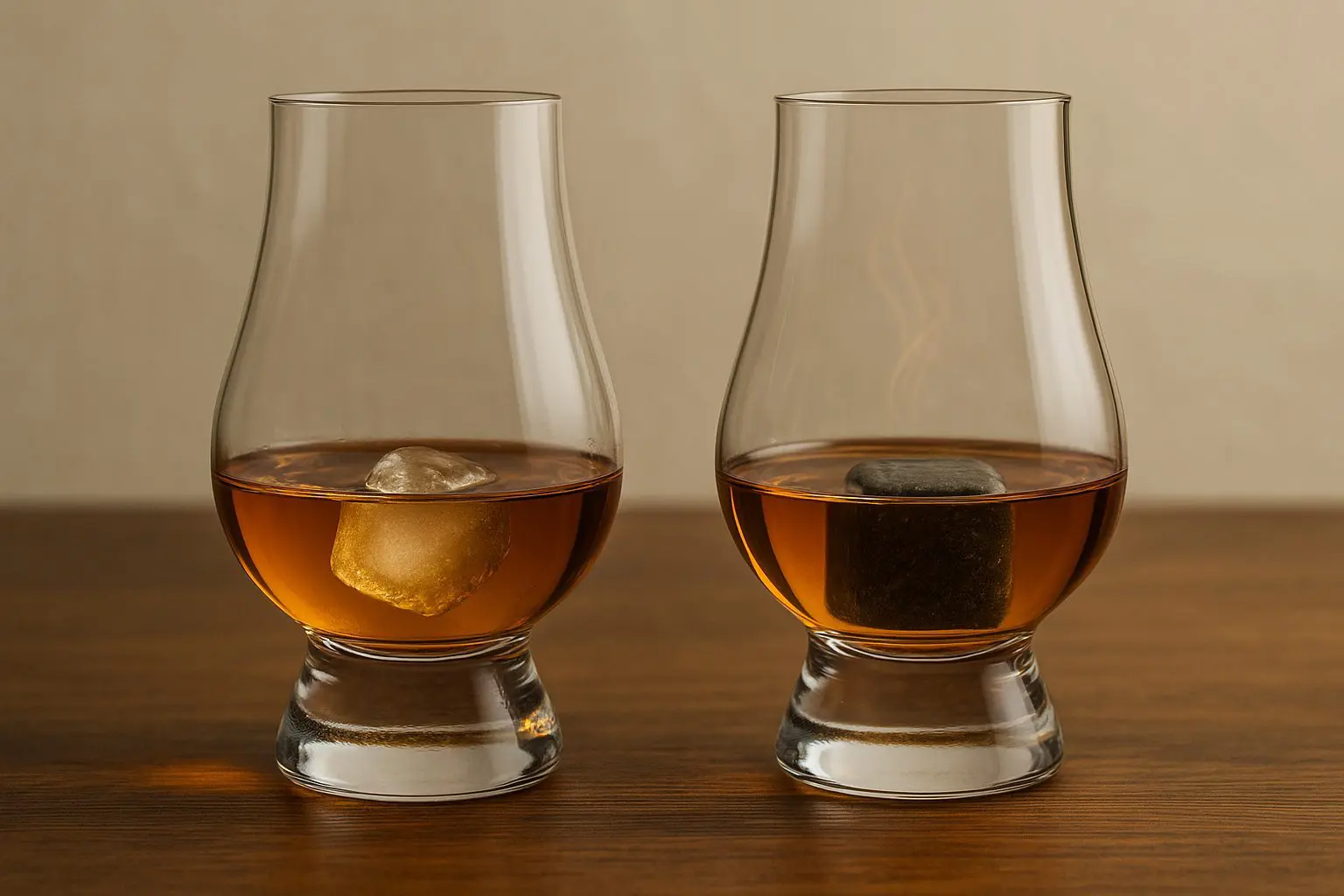 Deux verres Glencairn remplis de whisky ambré posés sur une table en bois, l’un contenant un glaçon et l’autre une pierre à whisky.