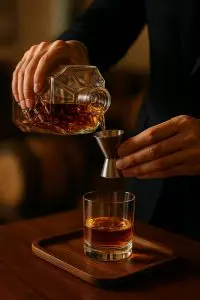 main versant du whisky depuis une carafe design dans un doseur en métal au-dessus d’un verre tumbler