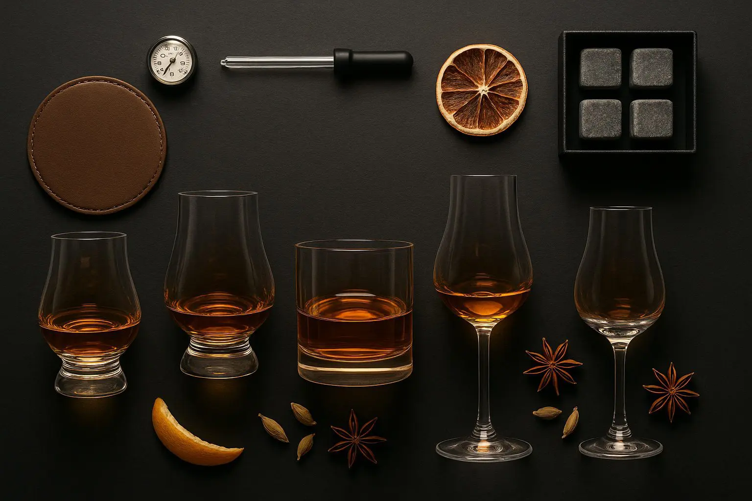 Ensemble de verres à whisky Glencairn, Tumbler et Copita accompagnés d’accessoires et d’épices, illustrant les points clés du choix du verre idéal.