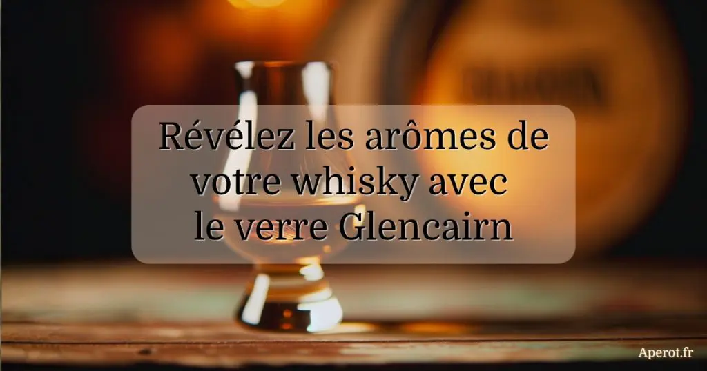 Verre Glencairn posé sur une table en bois éclairée, avec message révélant les arômes du whisky – image d’introduction pour expliquer l’importance du verre Glencairn