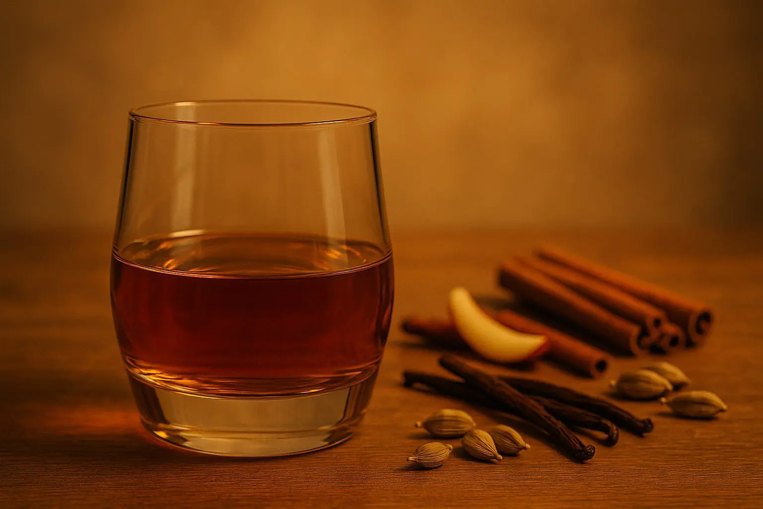Whisky ambré servi dans un short tumbler avec épices posées à côté, comme la cannelle, la vanille et la cardamome.