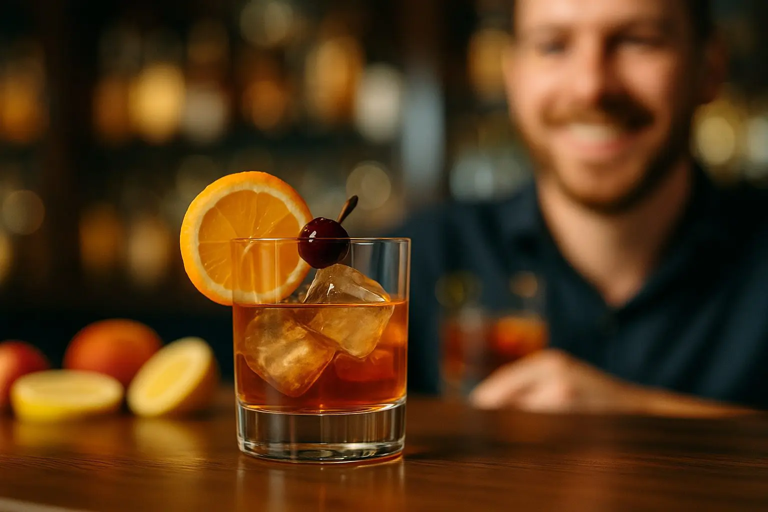 Cocktail whisky dans un verre tumbler avec glaçons, tranche d’orange et cerise, posé sur un bar avec une personne floue en arrière-plan.