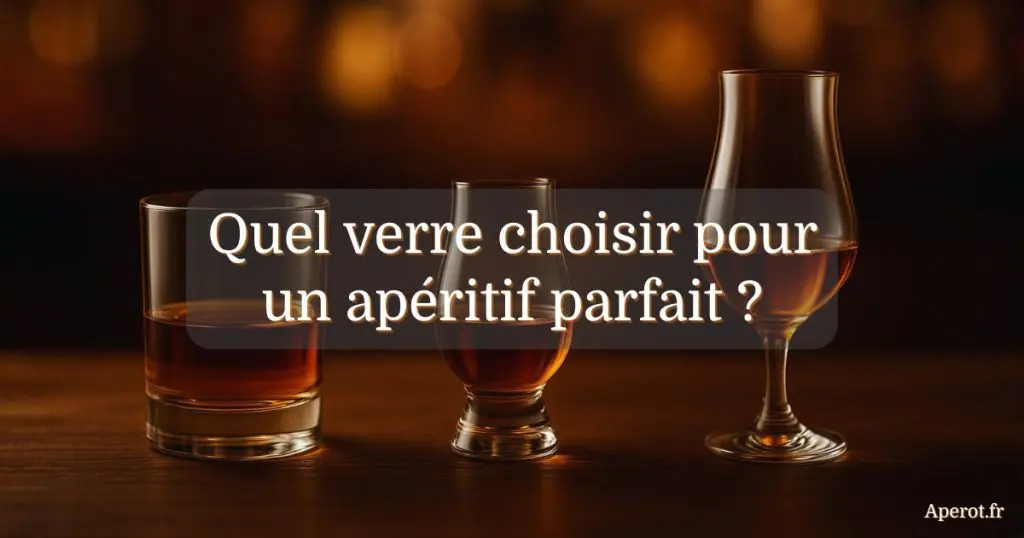 Trois verres à apéritif alignés sur une table — un tumbler, un verre Glencairn et un verre tulipe — dans une ambiance chaleureuse et élégante.