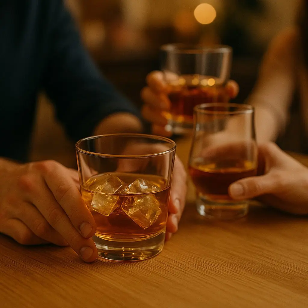 Mains tenant des verres tumbler remplis de whisky ambré, dont l’un avec des glaçons, lors d’un moment convivial à table.