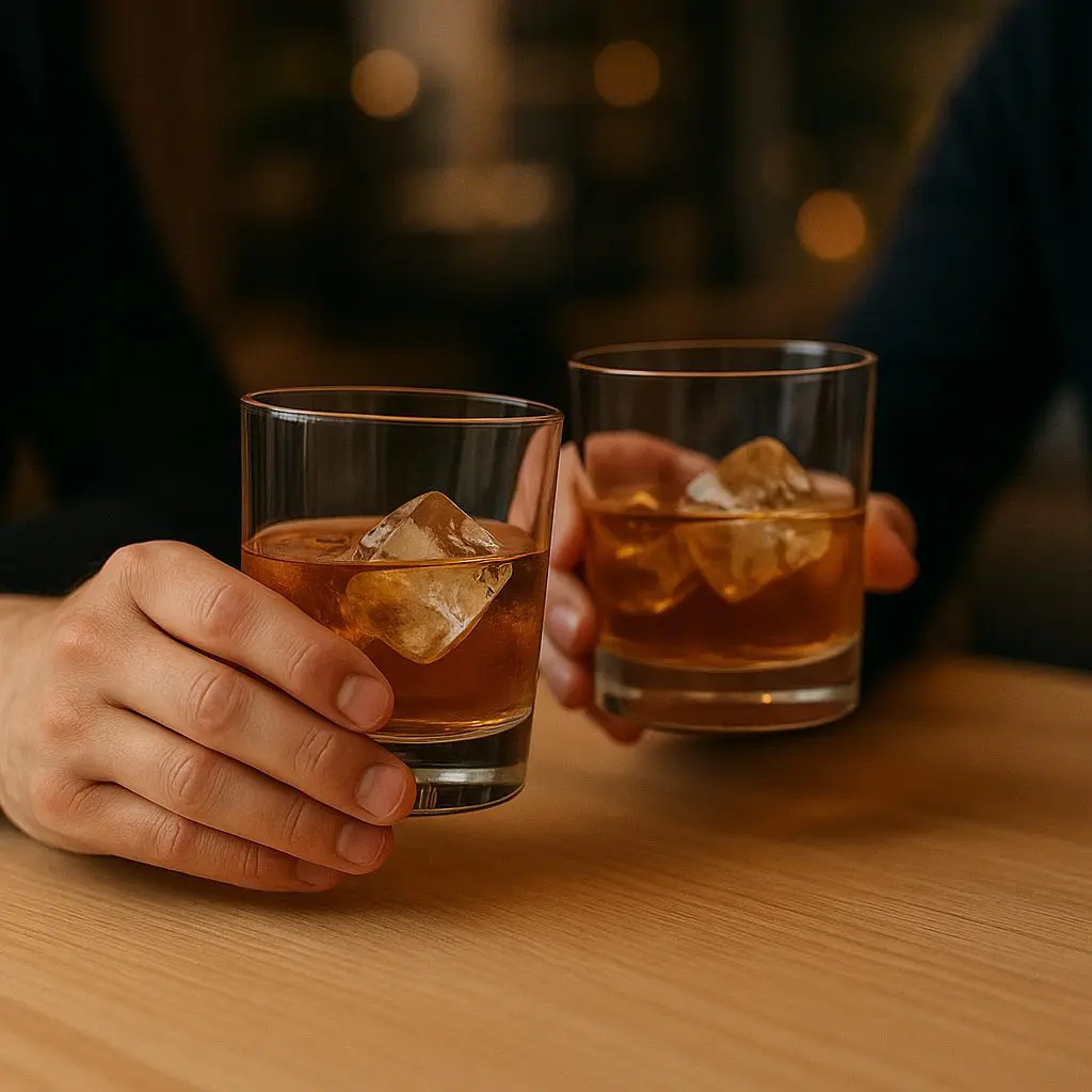 Deux personnes tenant des verres tumbler remplis de whisky avec des glaçons, posés sur une table en bois.