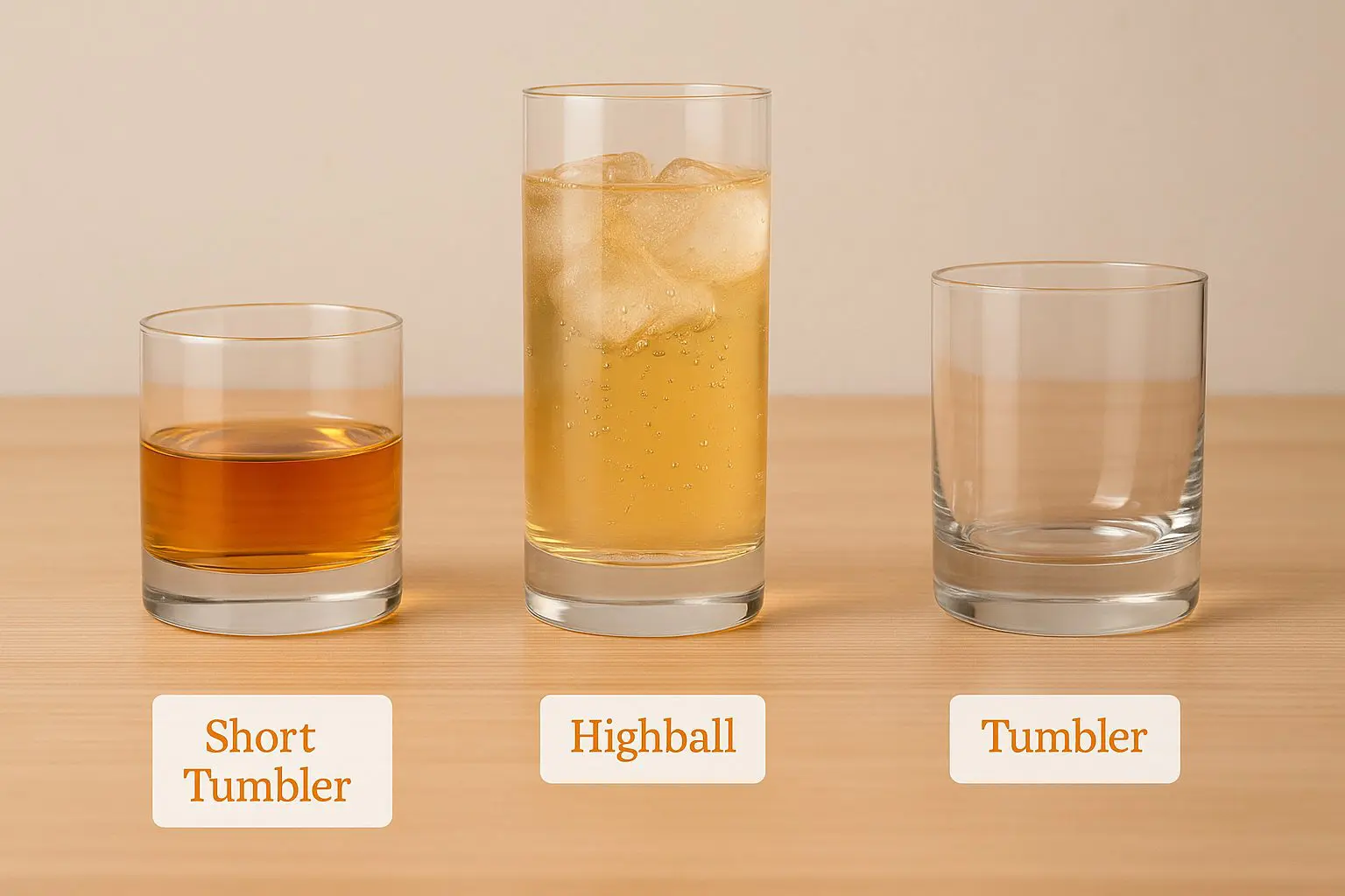 Comparatif de verres à whisky : short tumbler rempli de whisky, highball avec boisson glacée, et tumbler vide, alignés sur une table.