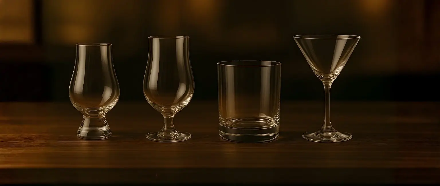 Quatre verres d’apéritif vides alignés sur une table en bois : un Glencairn, un verre tulipe, un tumbler et un verre à cocktail Martini, éclairés dans une ambiance chaleureuse.