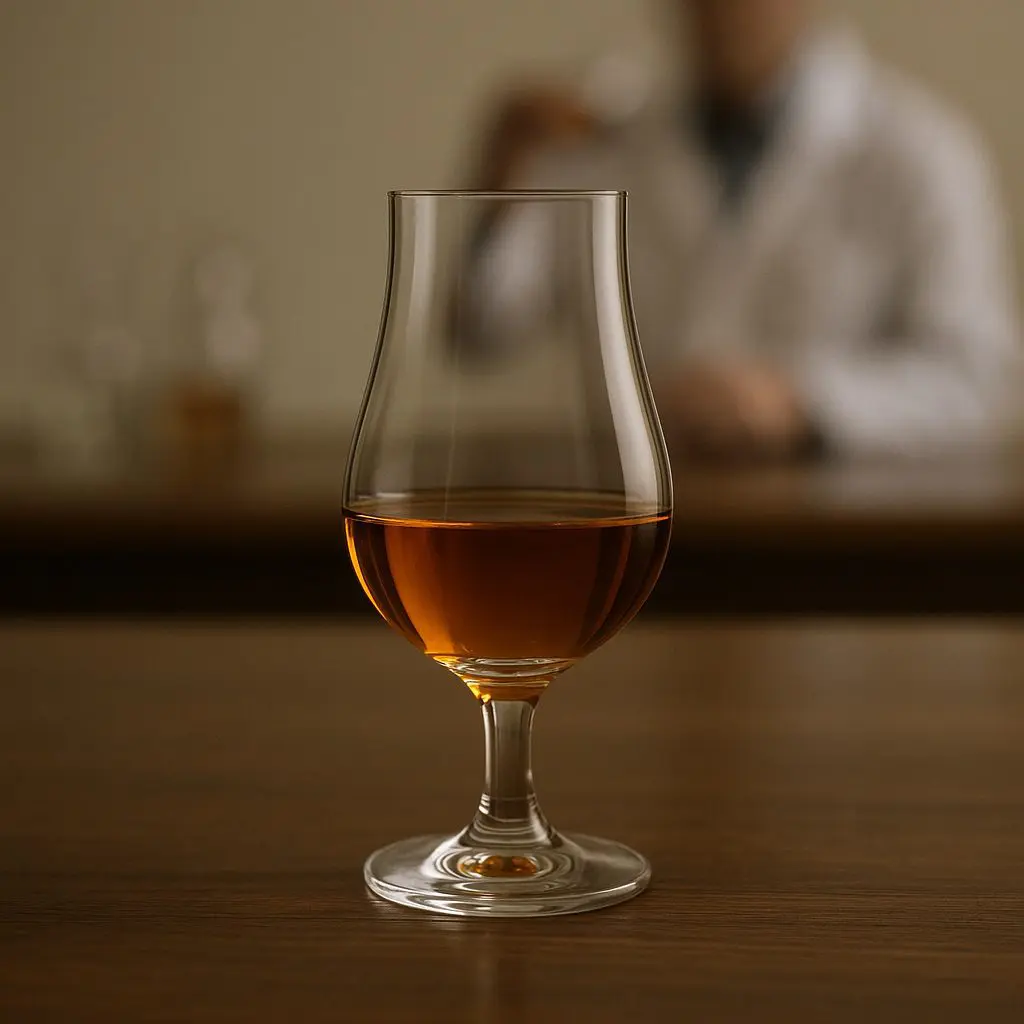 Verre à whisky copita sur pied rempli d’un whisky ambré, posé sur une table avec un dégustateur flou en arrière-plan.