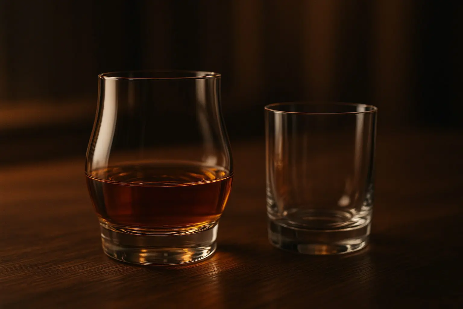 Deux verres à whisky posés sur une table en bois : un verre design rempli de whisky ambré et un tumbler classique vide, éclairés par une lumière chaude.