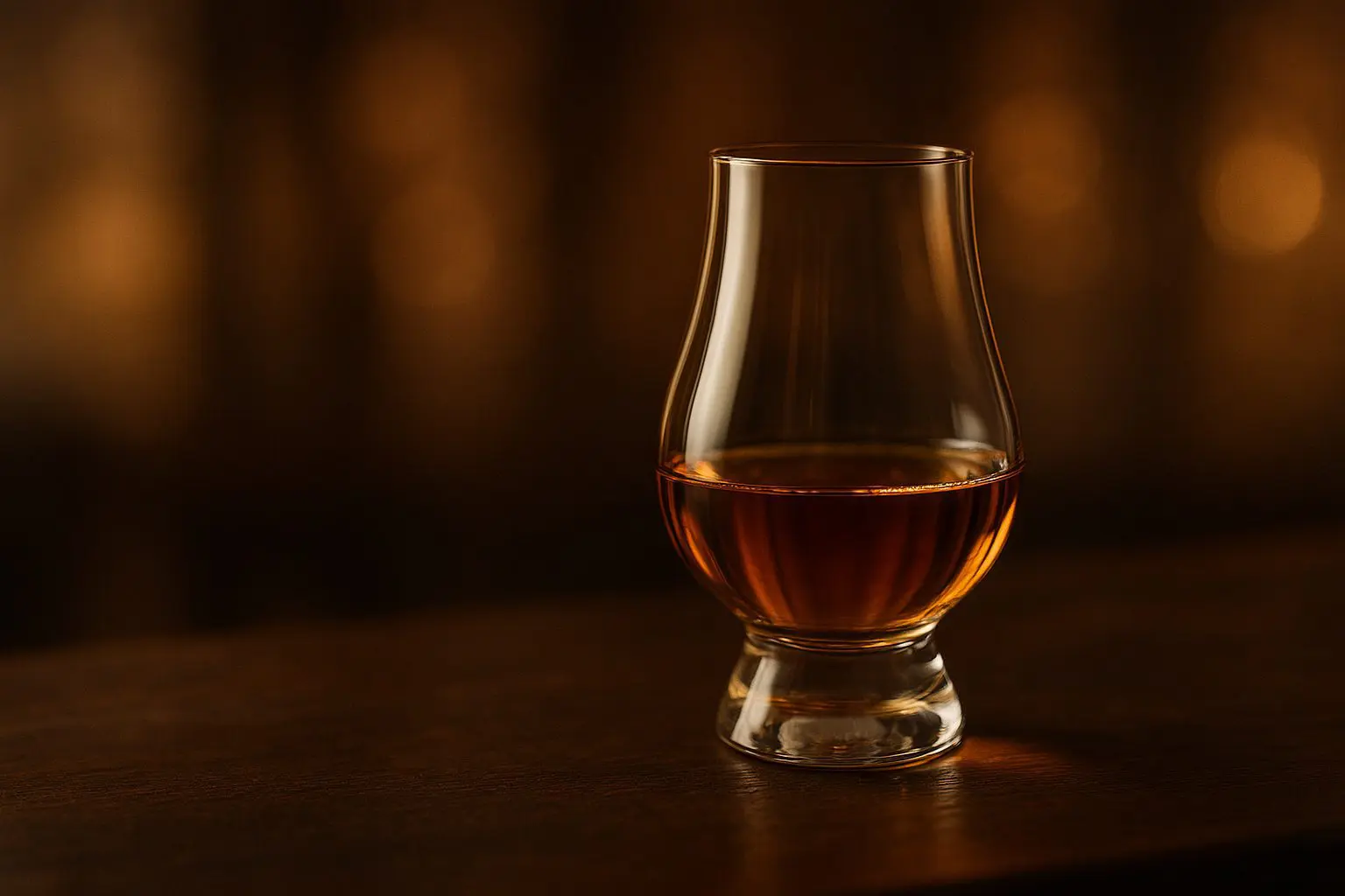 Verre à whisky Glencairn rempli d’un whisky ambré sur table en bois, éclairage chaleureux pour illustrer l’influence du verre sur les arômes.