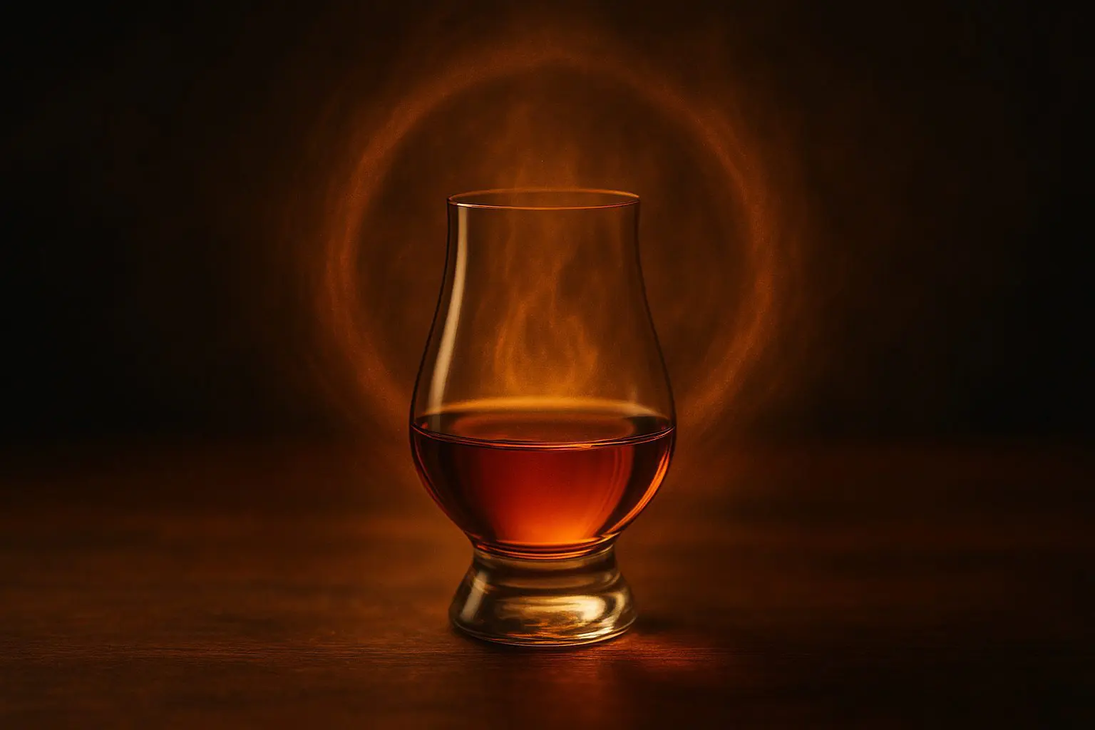 Verre à whisky Glencairn rempli d’un whisky ambré, éclairage chaud avec halo diffus illustrant l’expérience sensorielle de la dégustation.