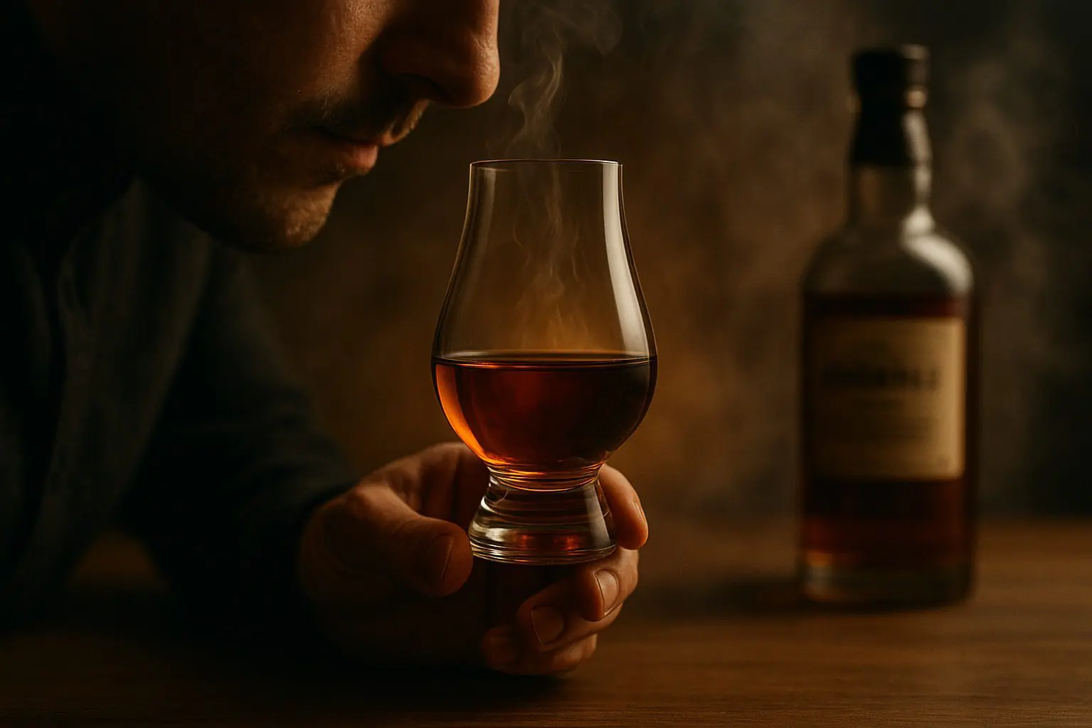 Dégustation de whisky single malt dans un verre Glencairn tenu à la main, arômes concentrés autour du spiritueux.