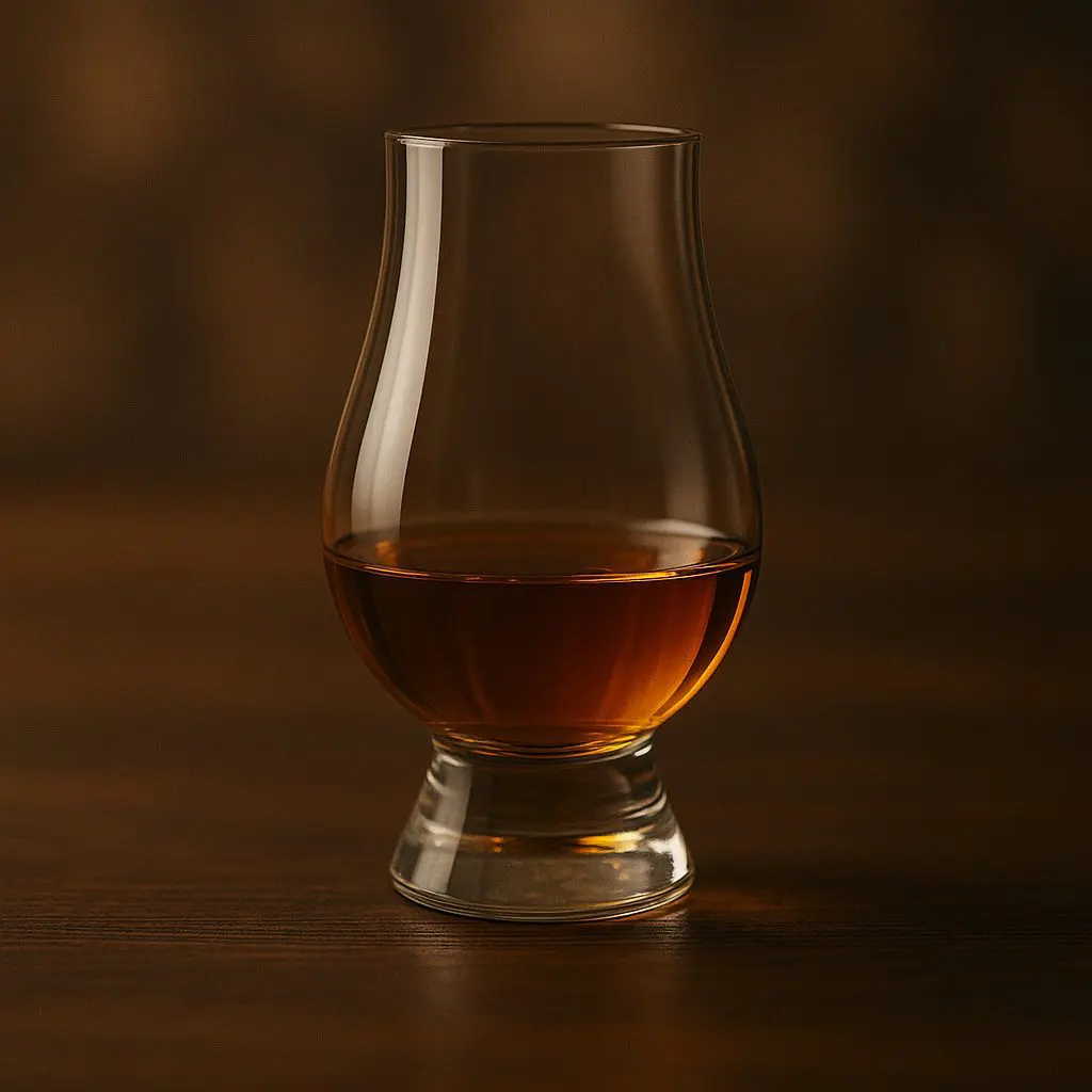 Verre à whisky tulipe de type Glencairn rempli d’un whisky ambré, posé sur une table en bois dans une ambiance chaleureuse.