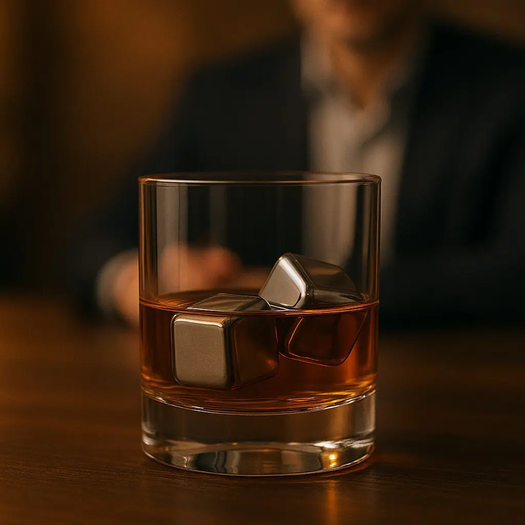 Verre à whisky tumbler avec whisky ambré et glaçons inox, posé sur une table en bois avec une personne floue à l’arrière-plan.