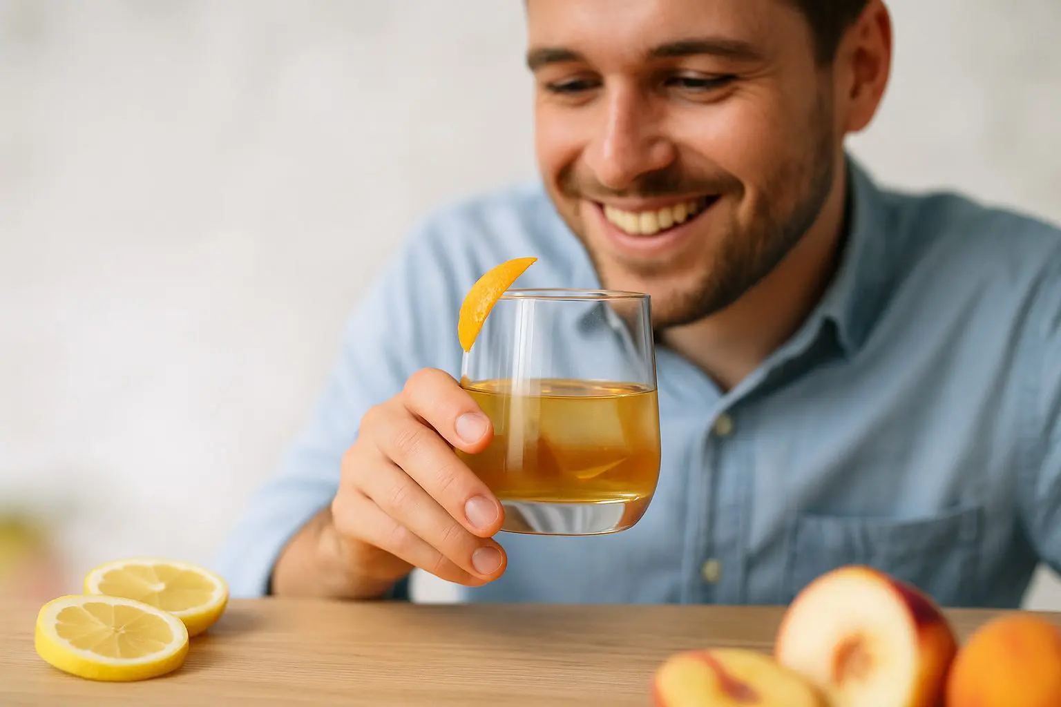Whisky fruité servi dans un verre tumbler avec tranche d’agrume, tenu à la main sur une table avec des fruits frais.