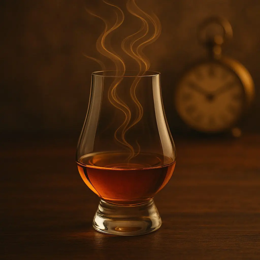 Verre Glencairn rempli de whisky ambré avec des volutes aromatiques stylisées montant du verre, posé sur une table en bois avec une montre floue en arrière-plan.