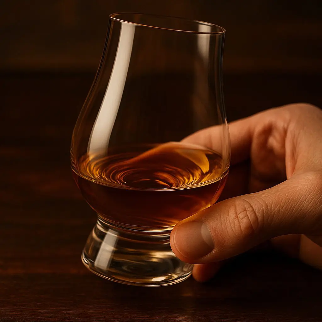 Main tenant un verre Glencairn rempli de whisky ambré, mettant en avant sa base courte et épaisse, posée sur une table en bois.