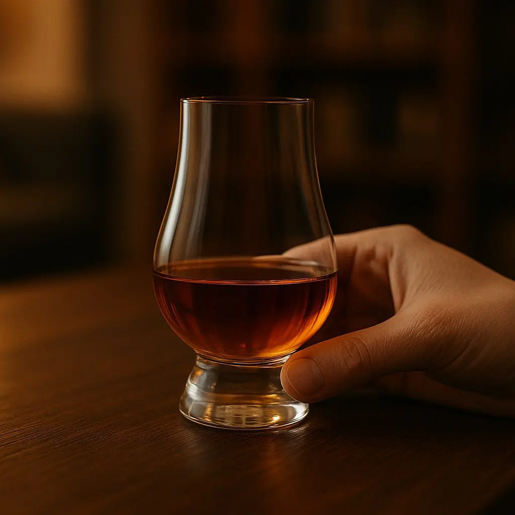 Main tenant un verre Glencairn rempli de whisky ambré, posé sur une table en bois dans une ambiance chaleureuse.
