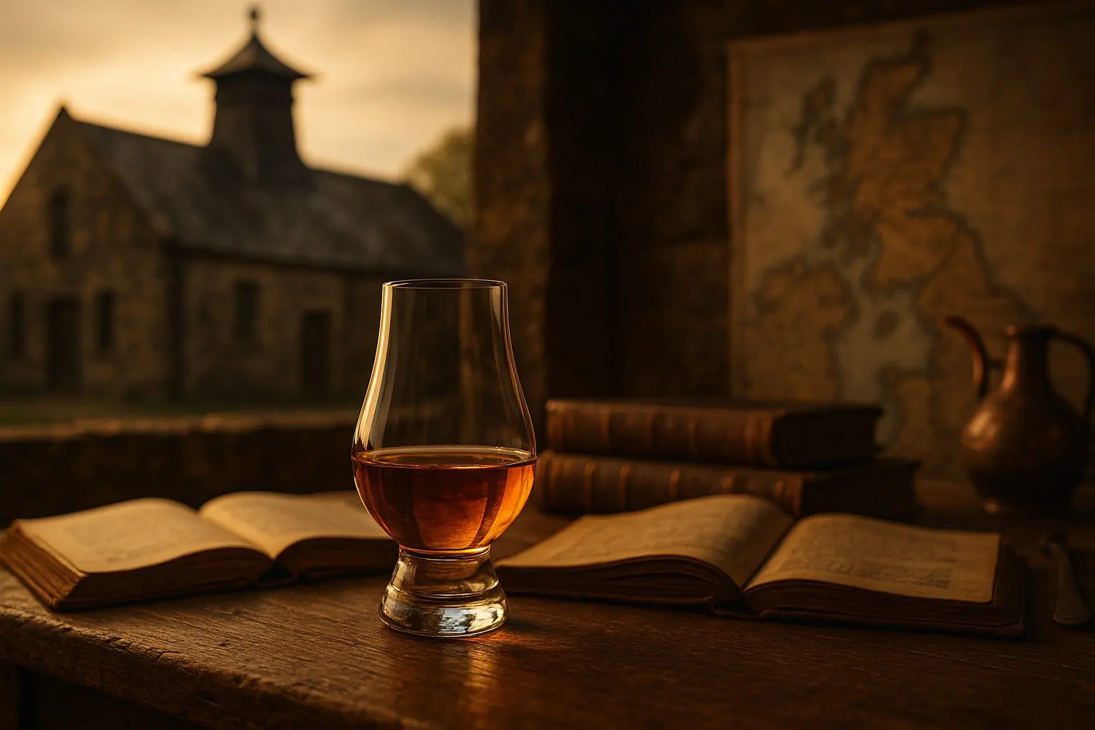 Verre Glencairn rempli de whisky devant des livres anciens et une carte de l’Écosse, avec une distillerie floue en arrière-plan.