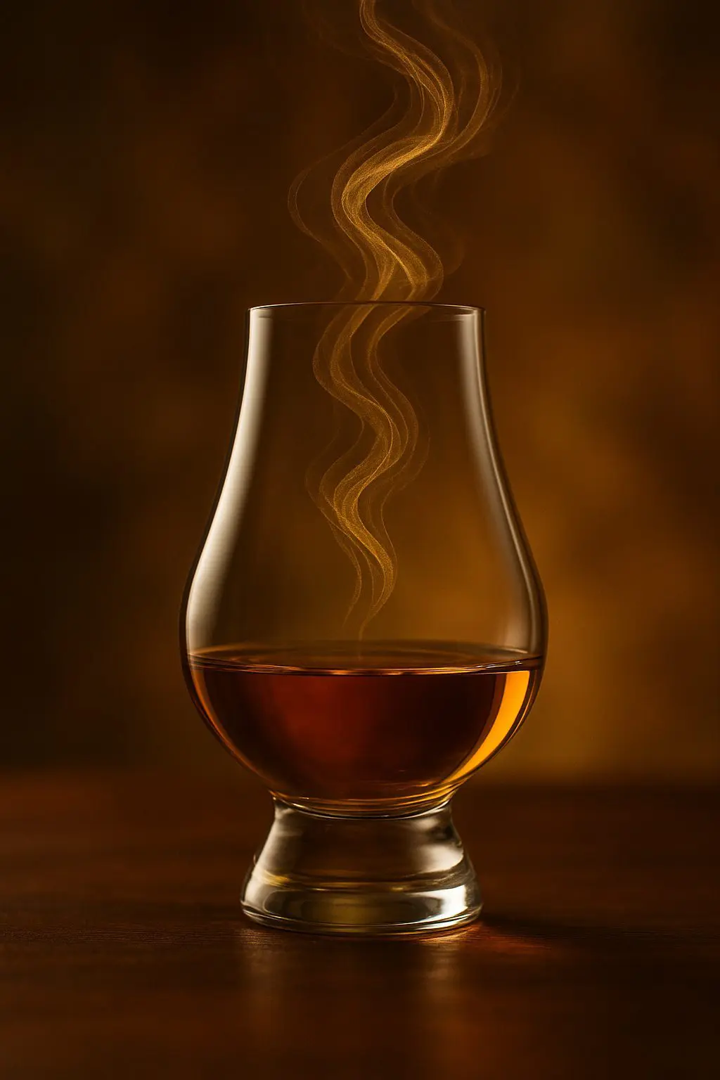 Verre Glencairn rempli de whisky ambré avec une visualisation stylisée des arômes montant en volutes au-dessus du verre, posé sur une table en bois.