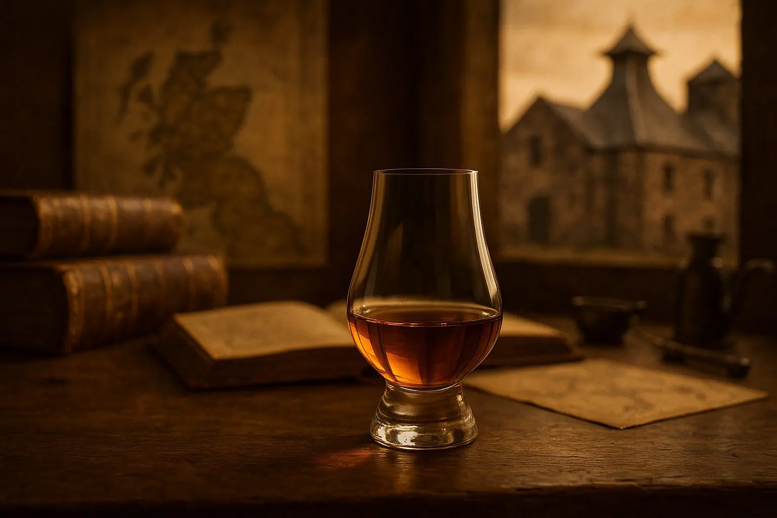 Verre Glencairn rempli de whisky posé sur une table en bois, entouré de livres anciens, avec un bâtiment en pierre flou en arrière-plan.