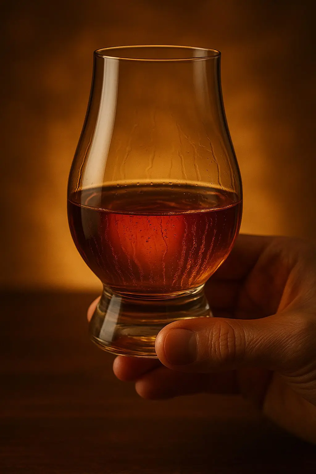 Main tenant un verre Glencairn rempli de whisky ambré, avec des larmes visibles sur les parois du verre.