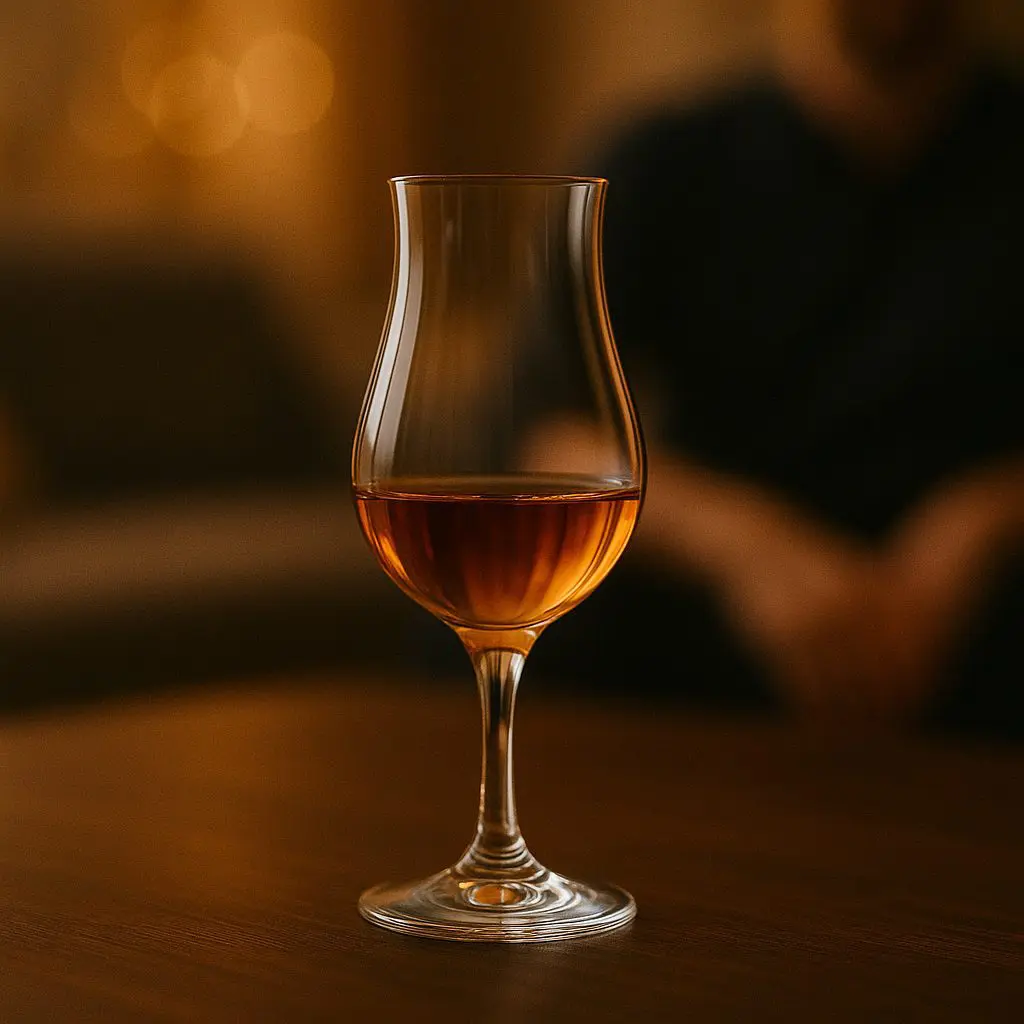 Verre tulipe sur pied contenant un whisky ambré, posé sur une table en bois dans une ambiance chaleureuse.
