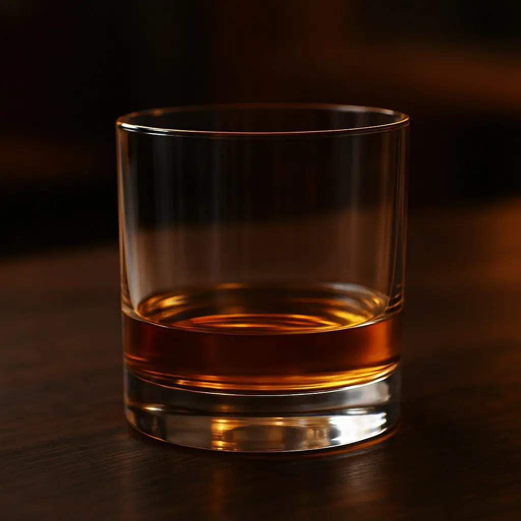 Verre tumbler transparent rempli d’un whisky ambré, posé sur une table en bois et éclairé par une lumière chaude.