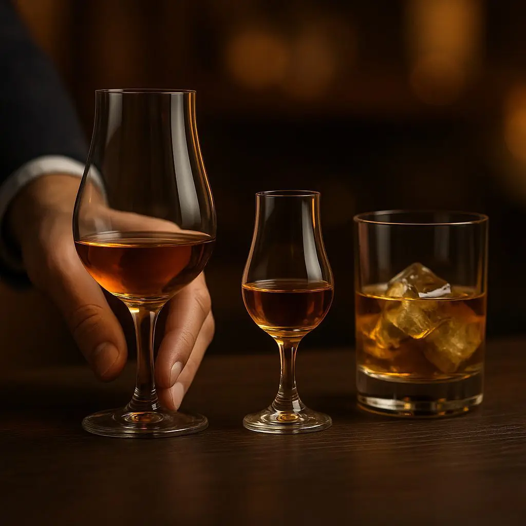 Trois verres d’apéritif alignés : un grand verre tulipe tenu par une main, un petit verre à digestif tulipe, et un verre tumbler avec un cocktail glacé, posés sur une table en bois.