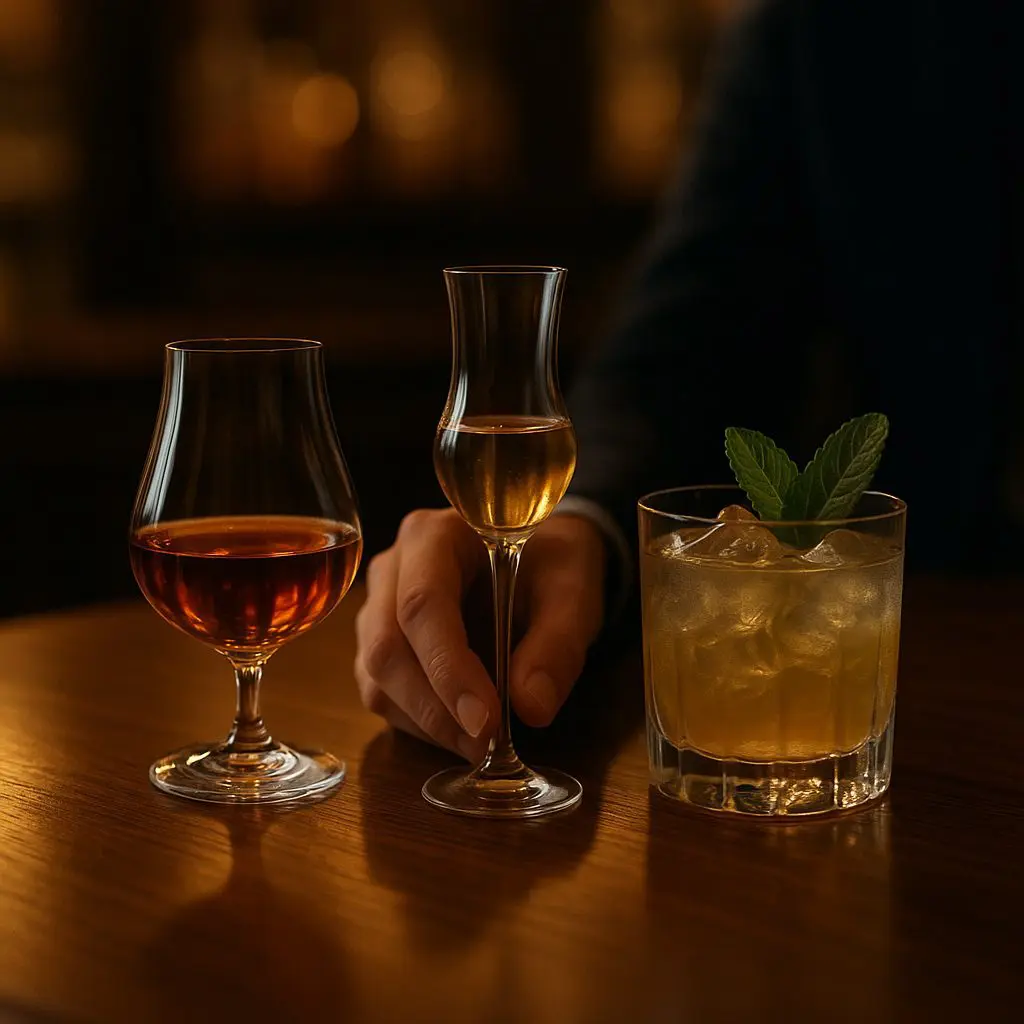 Trois types de verres posés sur une table : un verre tulipe avec whisky ambré, un verre élancé pour liqueur tenu par une main, et un tumbler rempli d’un cocktail glacé avec une feuille de menthe.