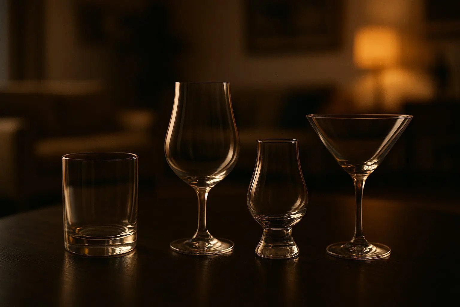 Quatre verres d’apéritif différents alignés sur une table sombre : un tumbler, un verre tulipe, un Glencairn et un verre à cocktail, éclairés par une lumière chaude dans un décor flou.