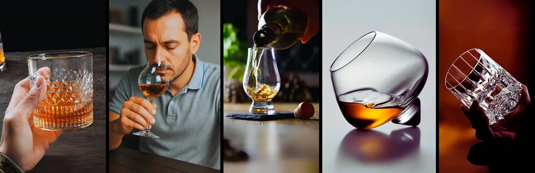 verre à whisky tumbler, verre tulipe glencairn et verre inclinable en situation : mains, odeur et service du whisky, collage de 5 images, fonds sombres et chauds