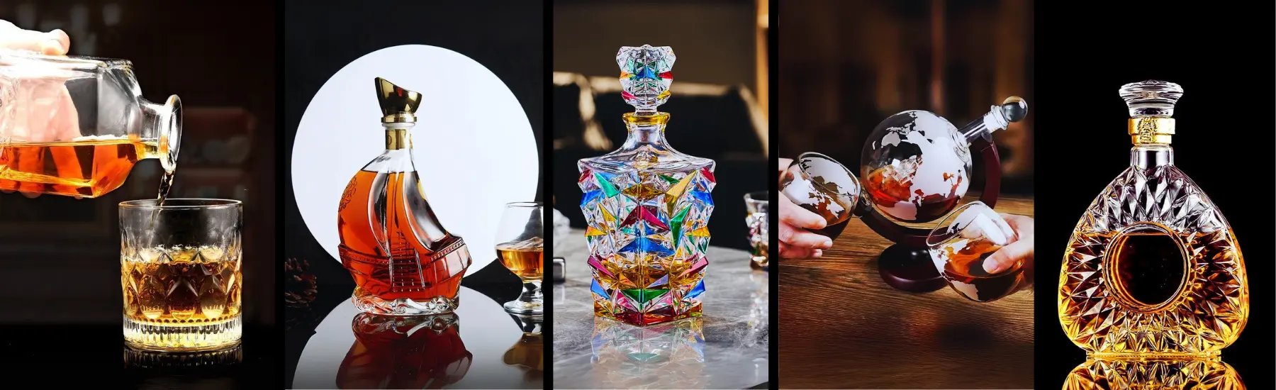 carafe à whisky design – cinq modèles en verre : service dans un tumbler, carafe voilier posée, carafe facettée multicolore, carafe globe sur support, carafe facettée en forme de goutte, whisky ambré