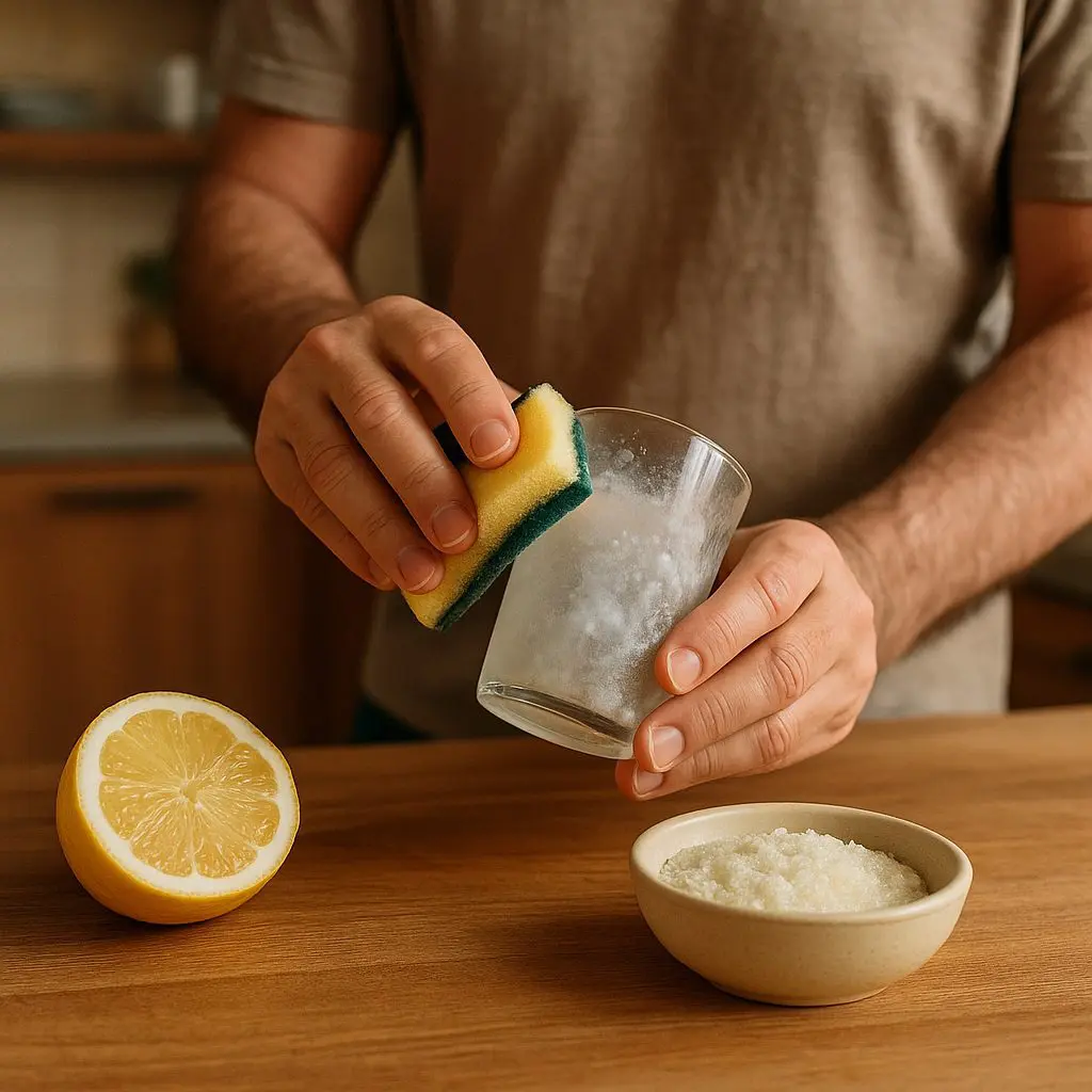 Homme nettoyant un verre opaque avec un mélange citron et sel pour lui redonner de la brillance sur un plan de travail en bois.