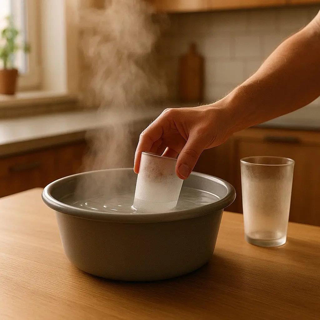 Nettoyage d’un verre à whisky opaque plongé dans une bassine d’eau chaude pour retirer les traces et résidus