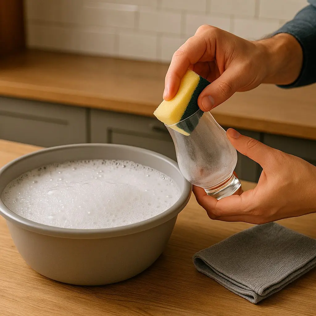 nettoyage d’un verre Glencairn opaque avec une éponge au-dessus d’une bassine d’eau savonneuse, méthode combinée liquide vaisselle, vinaigre blanc et bicarbonate