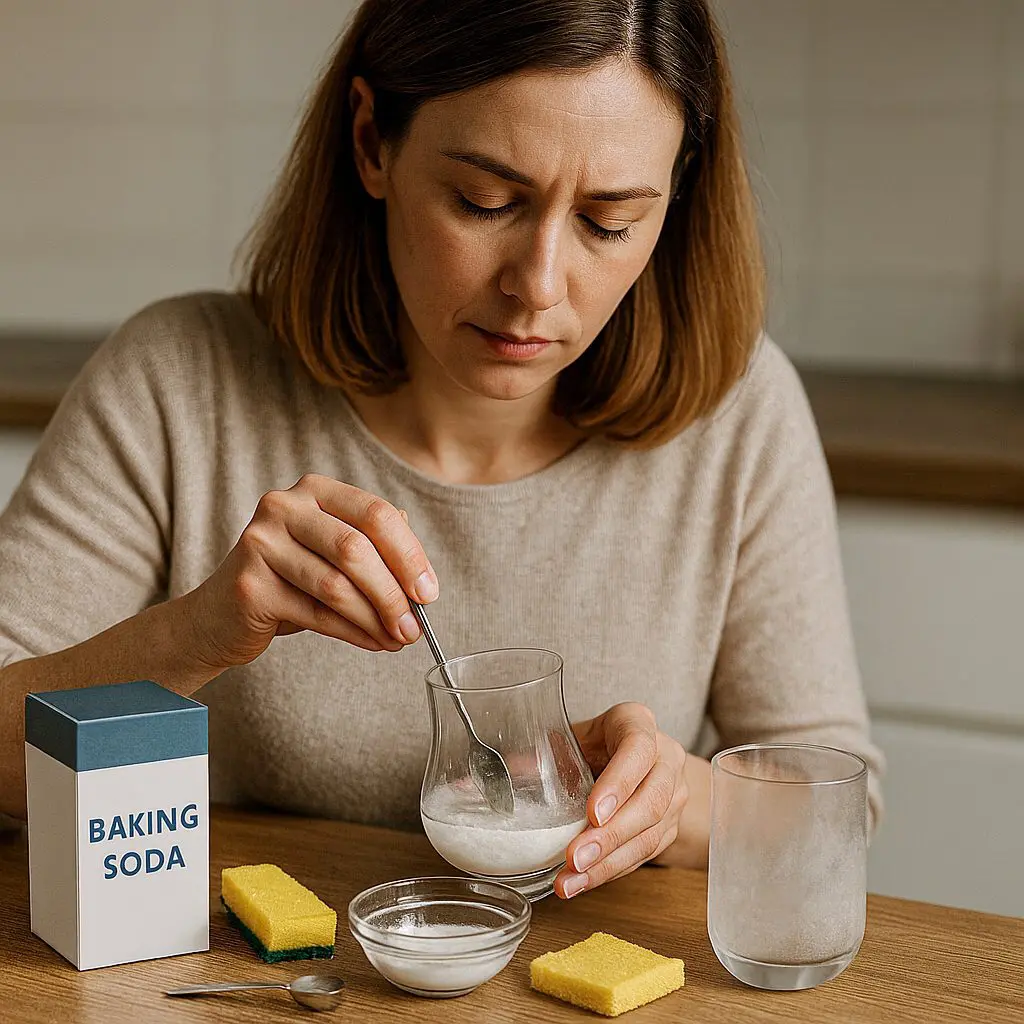 Femme préparant une pâte de bicarbonate de soude et d’eau pour nettoyer un verre opaque posé sur une table avec éponge et bol.