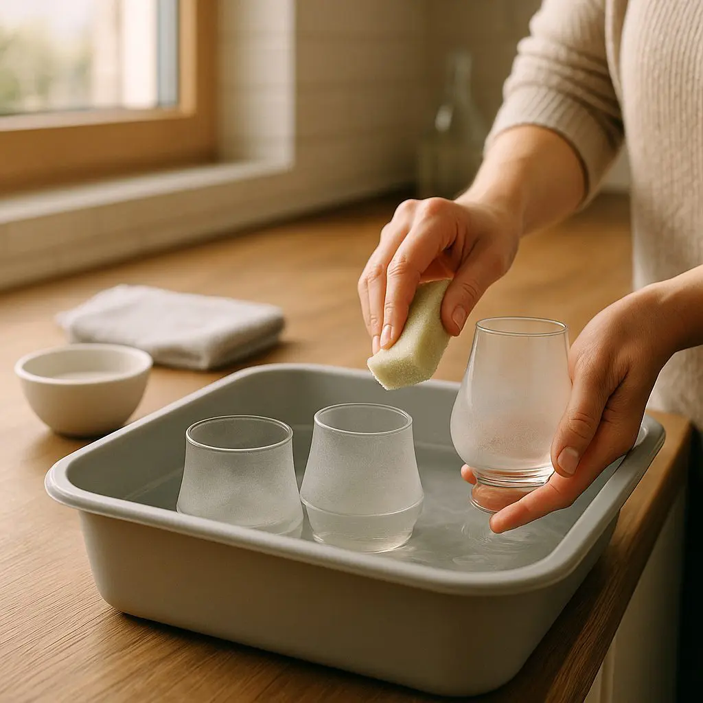 Verres Glencairn opaques trempant dans une bassine d’eau et de vinaigre blanc, nettoyage au chiffon doux