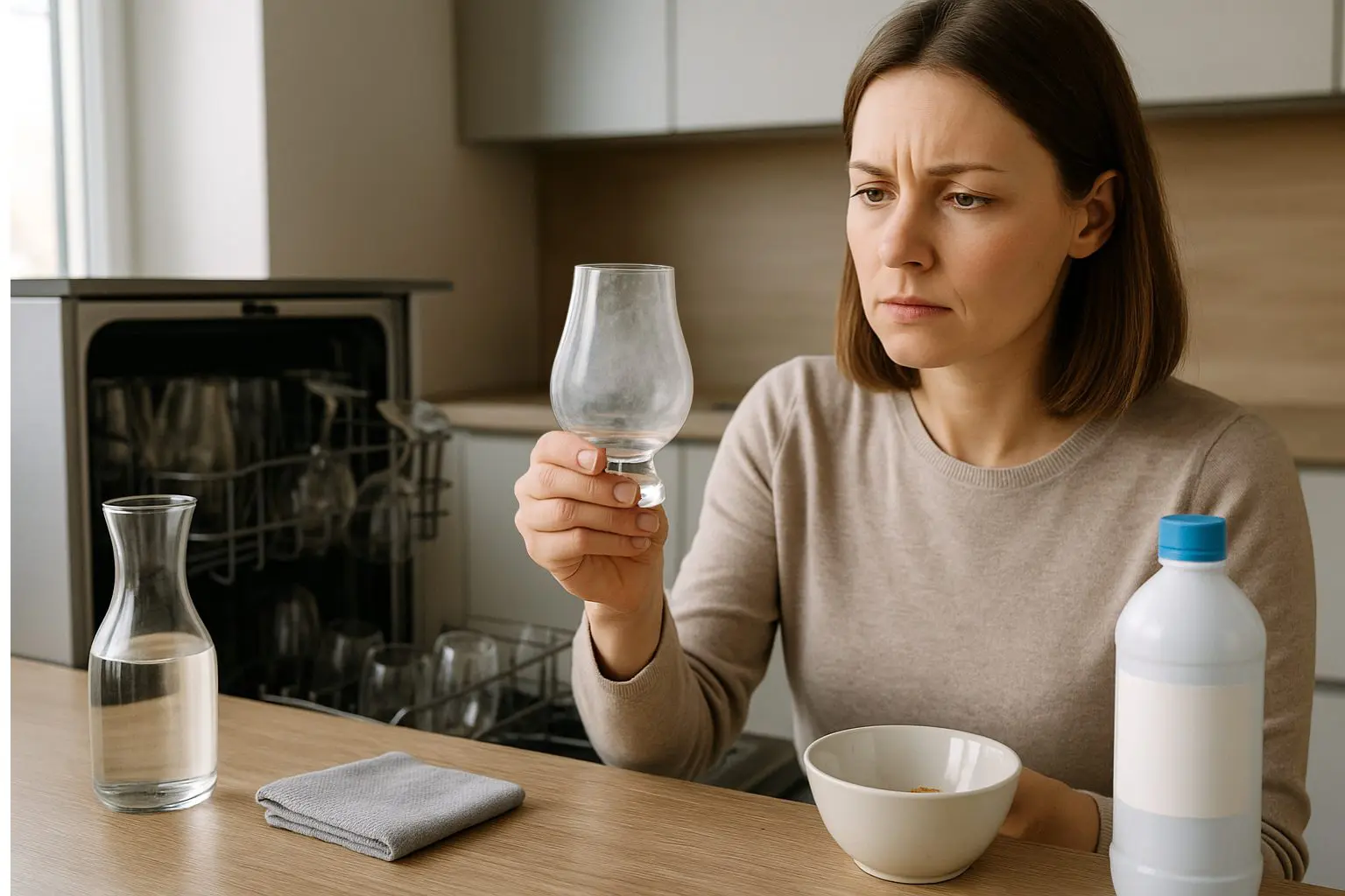 Femme observant un verre Glencairn devenu opaque après lavage, signe de calcaire et de résidus sur le verre.