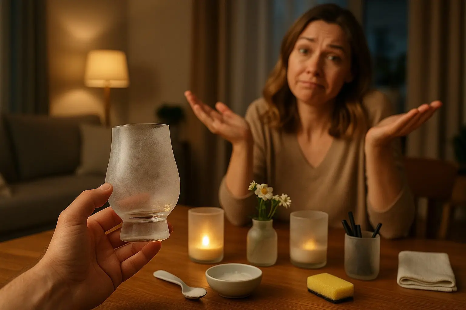 verre Glencairn opaque tenu en main, femme dépitée en arrière-plan, corrosion irréversible du verre
