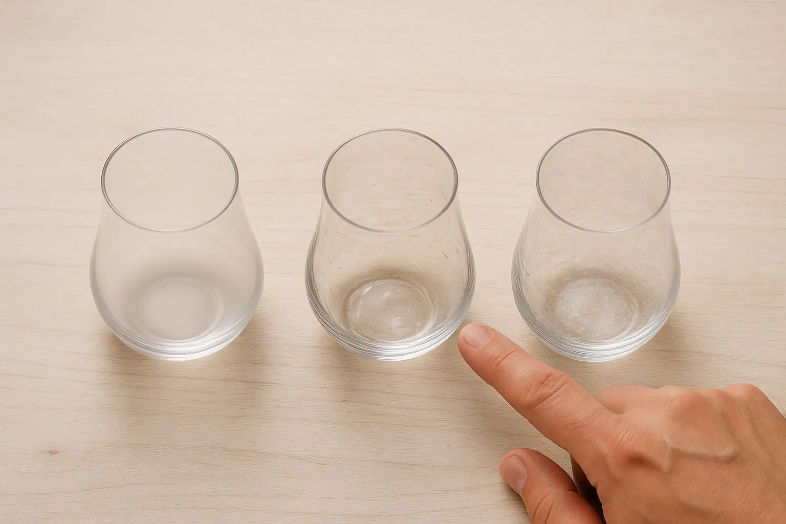 Trois verres Glencairn alignés présentant différents niveaux d’opacité, avec une main pointant le verre le plus abîmé pour illustrer le calcaire, les résidus et la corrosion.