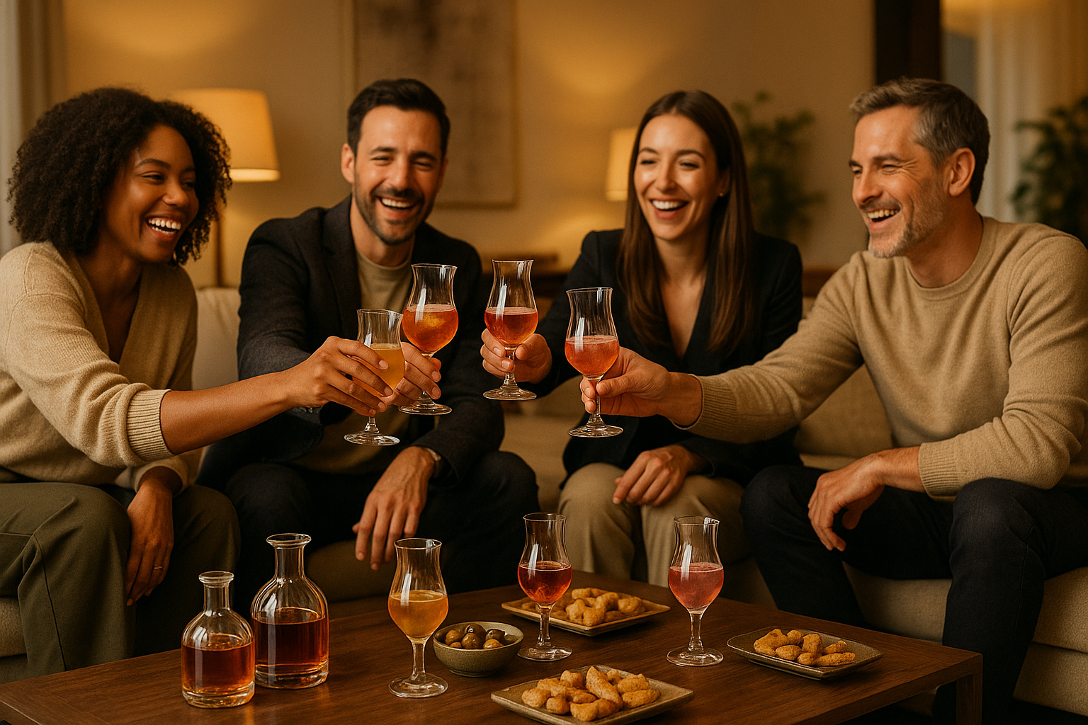 Groupe d’amis trinquant avec des verres tulipes remplis de cocktails lors d’un apéritif convivial à la maison