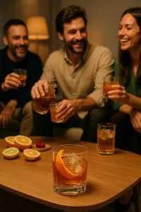 Groupe d’amis partageant un apéritif avec des verres tumbler remplis de whisky et cocktails sur une table en bois
