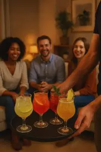 Plateau de cocktails colorés servis dans des verres tulipes, présenté devant des invités souriants pendant un apéritif convivial