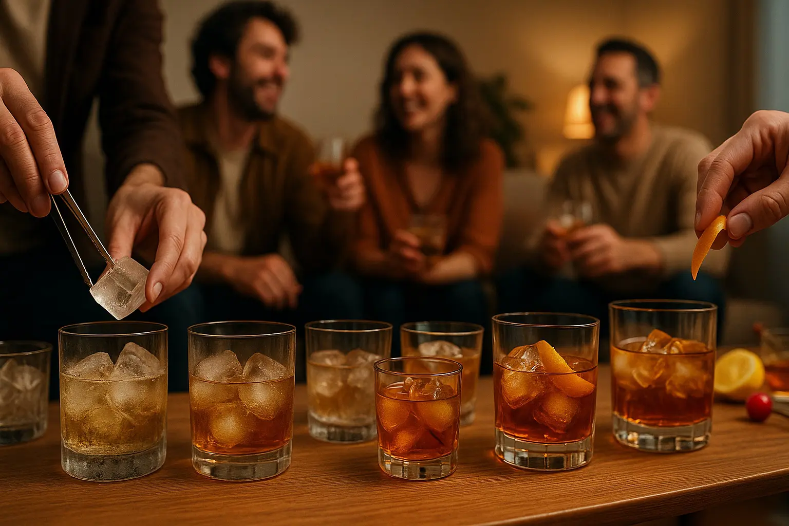 Préparation de cocktails dans des verres tumblers avec glaçons et zestes lors d’un apéritif entre amis
