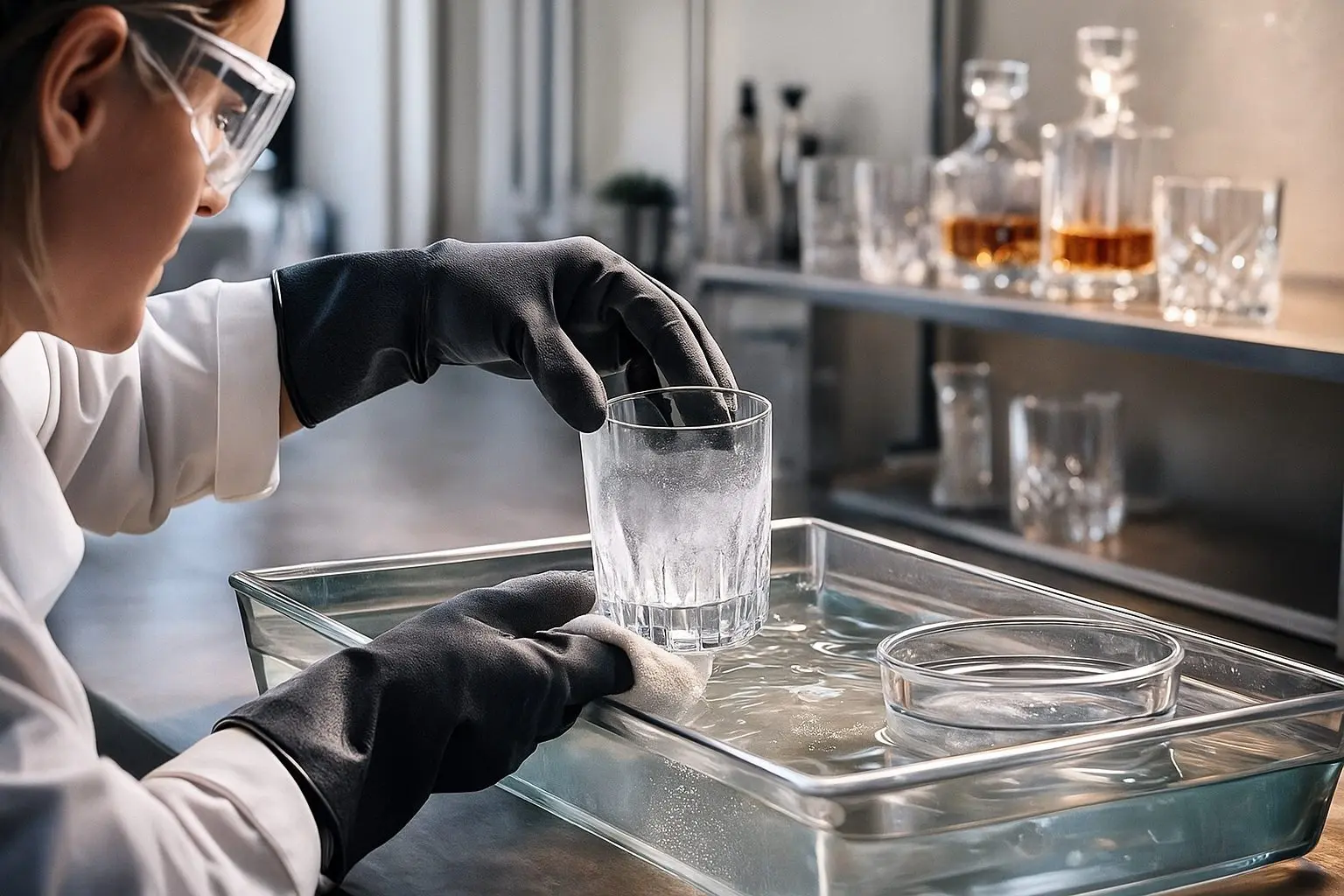 Spécialiste manipulant un verre opaque avec des gants dans un bac de traitement acide pour restaurer un cristal blanchi