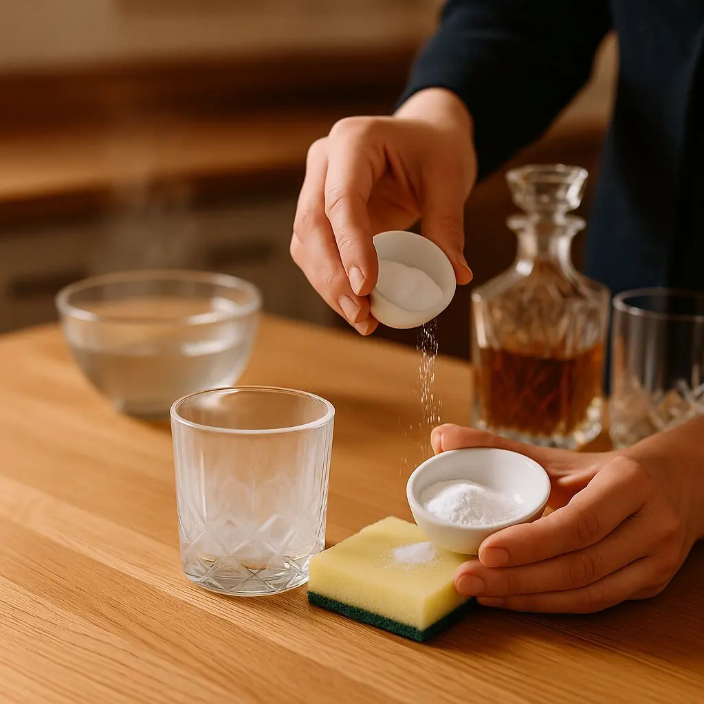 Personne saupoudrant du bicarbonate de soude sur une éponge pour nettoyer un verre opaque en cristal