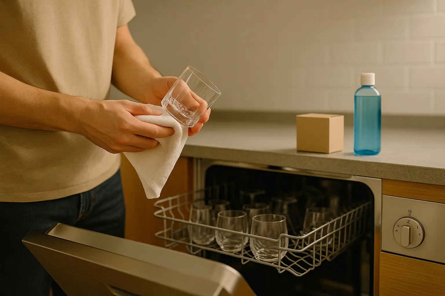 Essuyer un verre propre à la main après le lavage pour éviter le calcaire et préserver la brillance