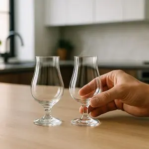 Deux verres tulipes vides posés sur une table, l’un d’eux tenu par une main pour comparer le choix de taille et de design