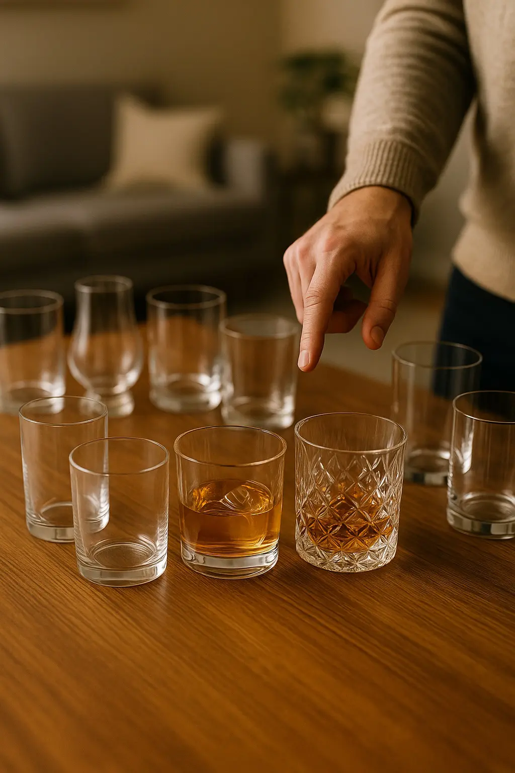 Sélection de verres tumbler de tailles et designs différents, une main pointant un modèle pour illustrer les critères de choix